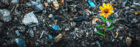 Bright yellow flower emerges from a pile of waste, illustrating natures ability to persevere and inspire change amidst neglect and pollution.の素材