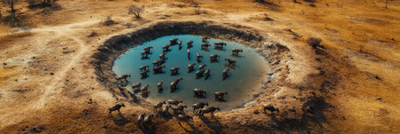 Desperate animals crowd around a cracked waterhole surrounded by barren land, showcasing the harsh conditions of drought and the need for water.の素材