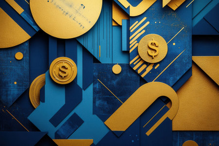 Layered geometric shapes symbolize financial growth with golden and blue textures, arranged for depth and clear text placement.の素材