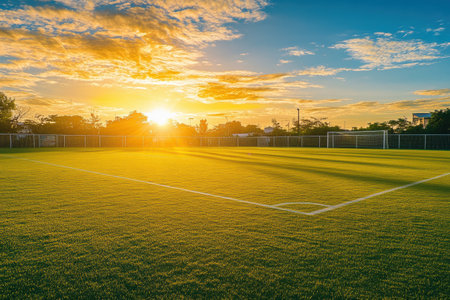 Wide angle view captures a soccer field at sunrise with golden sunlight illuminating the grass and creating inviting shadows.の素材