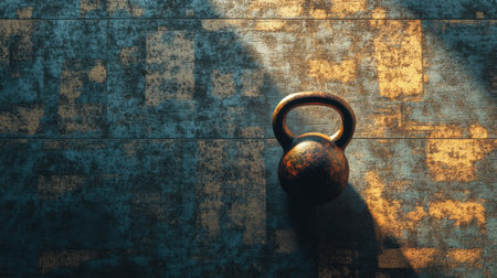 Soft light highlights a kettlebell placed on a textured gym floor, creating contrast while leaving space for additional text or branding.の素材