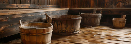 Large wooden tubs and buckets filled with water are prepared for use, highlighting the practical charm of sauna rituals in a serene environment.の素材