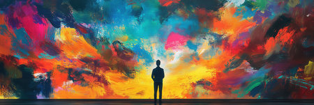 An artist captivates creative energy while standing before a large canvas bursting with colorful paint splashes in a vibrant studio space.の素材