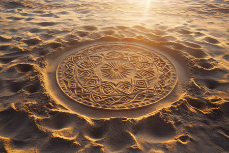 Creative sand designs display intricate symbols under warm golden light, showcasing artistry in nature at a tranquil beach during sunset.の素材