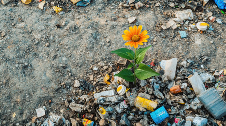 A vibrant flower grows from waste, symbolizing natures resilience and sparking discussions on sustainability.の素材