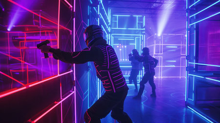 Players navigate through an energetic laser tag arena illuminated by bright neon lights, showcasing excitement and competitive action.の素材