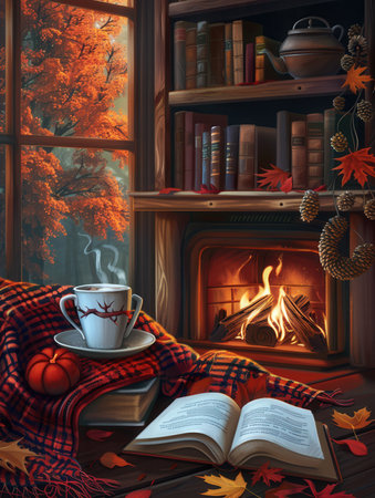 Enjoy the warmth of a cozy autumn evening featuring a steaming cup, a soft blanket, and an inviting book beside a roaring fire.の素材