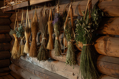 Rustic sauna features traditional brooms and bundles of medicinal herbs, highlighting a serene atmosphere for rejuvenation and natural wellness.の素材