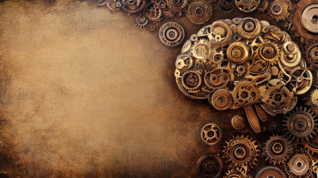 Intricate steampunk style brain made of gears and mechanical parts displays warm metallic tones, with a blank area for text on the left.の素材