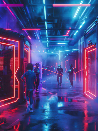 Players navigate a vibrant laser tag arena illuminated by neon lights, engaging in fast paced action and strategic gameplay with obstacles.の素材