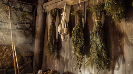 Warm sunlight filters through as bundles of medicinal herbs and brooms hang in a cozy sauna, embodying the essence of natural relaxation.の素材