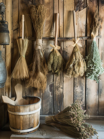 Traditional sauna decor includes bundles of herbs and brooms hanging on rustic wooden walls, enhancing the natural wellness atmosphere.の素材