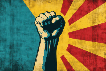 A vintage protest artwork showcases a raised fist against a backdrop of bold red, yellow, and blue tones, evoking 1960s activism.の素材