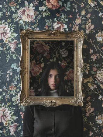 A framed portrait features an individual against a richly floral designed gallery wall, merging art and elegance in a unique setting.の素材