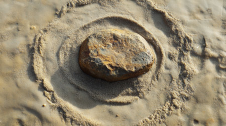 A smooth stone rests in the center of sand, surrounded by concentric circles that embody stability and inner strength, creating an inviting space.の素材