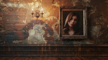 A detailed portrait framed elegantly on a gallery wall, featuring warm lighting that enhances the artistic atmosphere in a rustic settingの素材