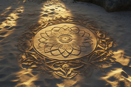 Intricate sand drawings reveal creative symbols illuminated by warm golden light at a tranquil beach, showing the beauty of natural artistry.の素材