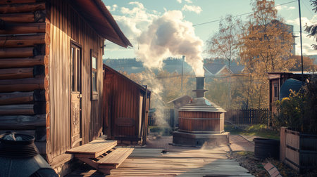 A wooden sauna stands proudly in a rustic setting with smoke drifting from the chimney, showing the charm of traditional sauna culture.の素材