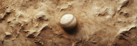 Baseball rests on a sandy field at a crucial golden ratio point, surrounded by intricate textures and an open area for text above.の素材