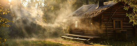 A cozy wooden sauna emits soft smoke from its chimney, nestled in a serene forest setting, illuminated by gentle morning sunlight.の素材