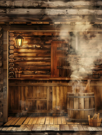 A traditional Russian sauna showcases its wooden exterior, with smoke billowing from the chimney, creating a cozy, welcoming atmosphere.の素材