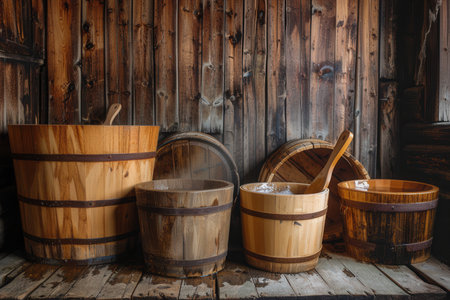 Large wooden tubs and buckets filled with water stand ready for use, embodying the spirit of traditional sauna rituals in a rustic environment.の素材