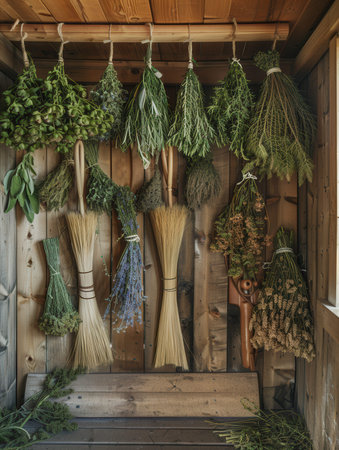 Traditional sauna brooms and medicinal herb bundles create a rustic atmosphere, showing the natural elements of a serene sauna experience.の素材
