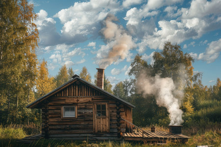Rustic wooden sauna nestled in nature, smoke gently billowing from the chimney against a backdrop of beautiful autumn foliage and blue sky.の素材