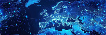 Dynamic representation of a digital map focusing on Western Europe, highlighting AI powered global connectivity and data exchange technology.の素材