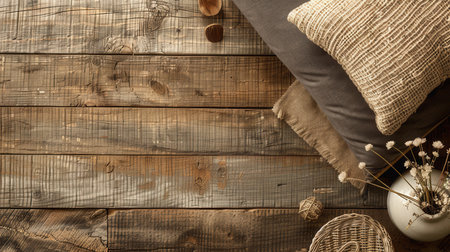 Rustic wooden background with furniture elements including cushions and decorative items for craft workshops and furniture manufacturersの素材