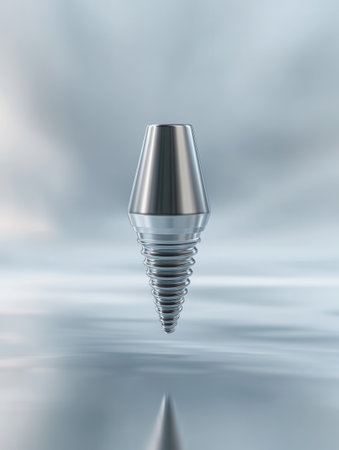 This scene highlights a titanium dental implant, captured against a smooth metallic backdrop that emphasizes its precision and high-tech quality.の素材