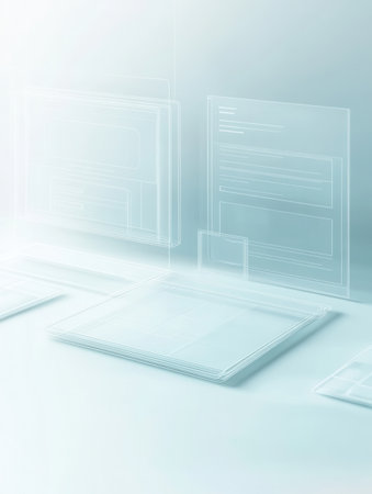 A sophisticated wireframe design presents floating mockups and transparent elements, ideal for branding digital resources in a modern context.の素材