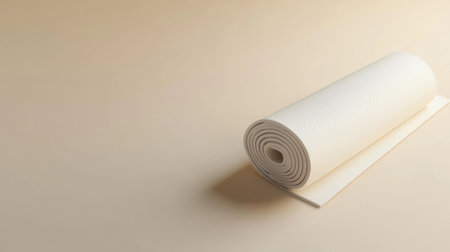 A minimalistic yoga mat is placed diagonally on a soft light background, exuding a sense of serenity and open space for relaxation and practice.の素材