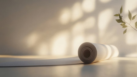 A yoga mat lies diagonally on a light surface, surrounded by ample empty space and soft shadows, inviting tranquility and focus for yoga.の素材