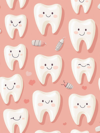 This charming seamless pattern features healthy teeth, smiles, and dental implants in a friendly flat design with soft colors.の素材