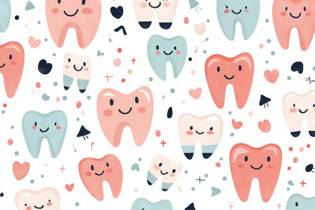 Delightful design showcases healthy teeth, joyful smiles, and implants in soft colors, creating a friendly atmosphere ideal for dental themes.の素材