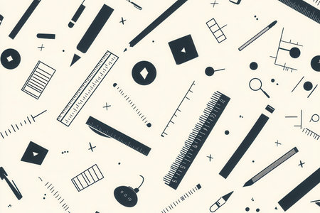 A seamless pattern showcases clean icons of design tools like pencils, rulers, and color palettes in a professional monochrome style.の素材