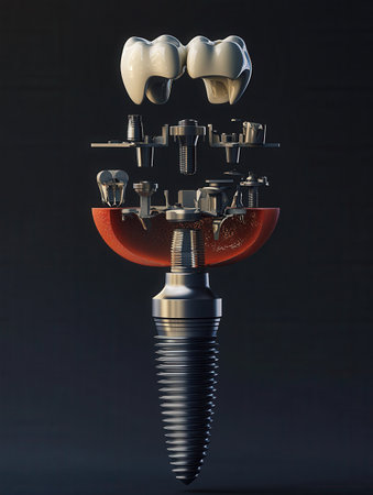 Exploded view of a dental implant showing each component on a gradient background for educational use.の素材