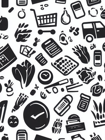 This seamless pattern showcases grocery-themed icons including shopping carts, delivery trucks, and fresh vegetables in a minimalistic style.の素材