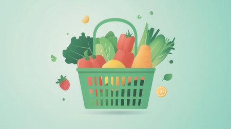 A green shopping basket is filled with various fresh fruits and vegetables, showing healthy eating in a minimalistic style with a pastel backdrop.の素材