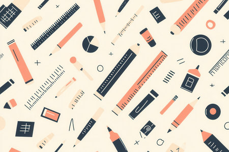 This seamless pattern showcases clean icons of design tools like pencils and rulers in a soft monochrome palette for a professional look.の素材