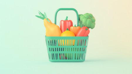 A green basket brims with vibrant fruits and veggies, highlighting a healthy lifestyle against a soft pastel backdrop.の素材