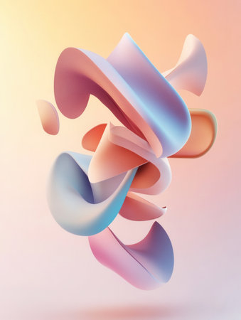 Floating 3D letters and abstract shapes create an elegant atmosphere against a soft gradient backdrop, ideal for modern creative projects.の素材