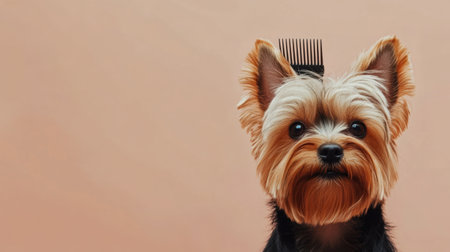This adorable Yorkshire Terrier sits against a soft beige backdrop, showing its freshly groomed fur, ready for a grooming appointment at a salon.の素材