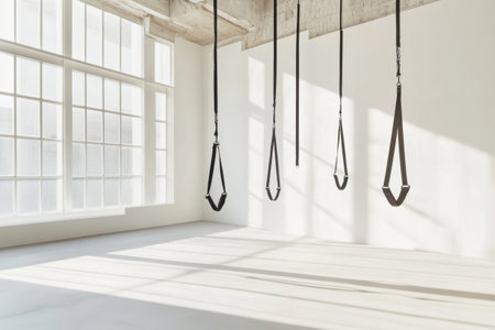 Bright fitness space with minimal straps hanging from the ceiling, emphasizing geometric balance and natural light through large windowsの素材
