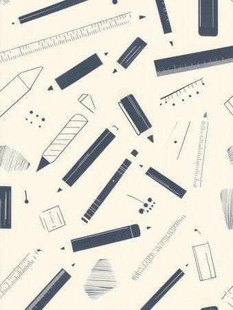 Clean icons of pencils, rulers, and color palettes create a seamless pattern with a soft monochrome look, ideal for design projects.の素材
