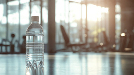 Transparent water bottle sits on a clean gym floor, softly lit by sunlight, ready for hydration during an energizing workout session.の素材
