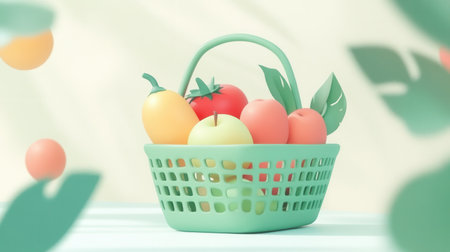 Green shopping basket overflows with colorful fresh fruits and vegetables, set in a smooth style on a calming pastel background.の素材