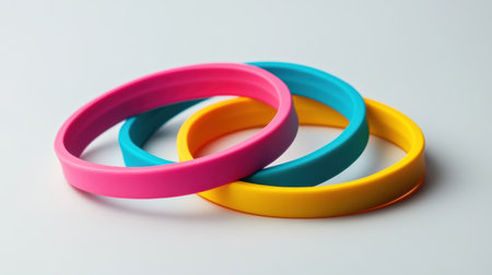 Three colorful fitness bands arranged in balanced angles create a striking visual on a clean white surface, showing a minimalist aesthetic.の素材
