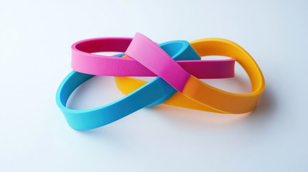 Three bright fitness bands intersect at sharp angles, strikingly contrasting a clean white background for a minimalist look.の素材